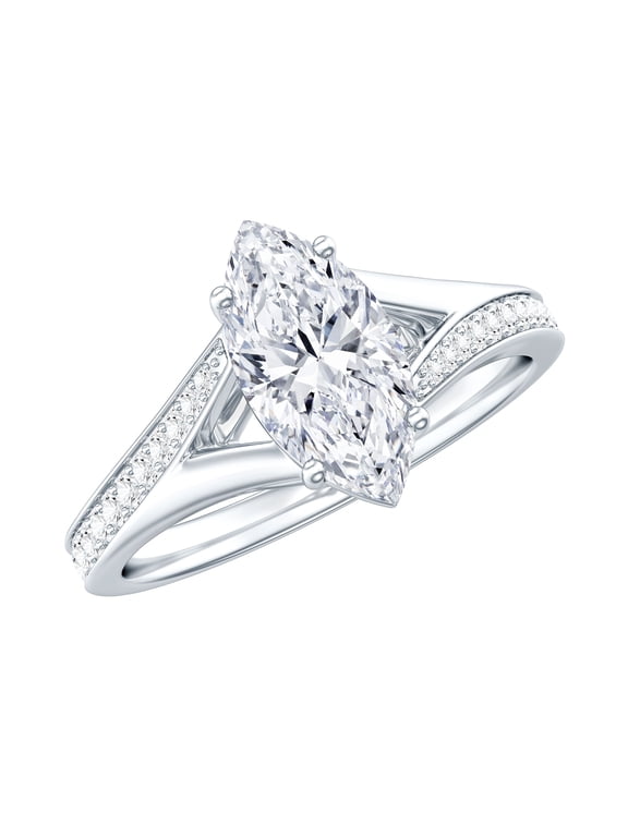 Certified 1 Carat Moissanite Marquise Engagement Ring in Silver - D-VS1 Quality Moissanite Split Shank Ring - Ready to Gift, US 5.00