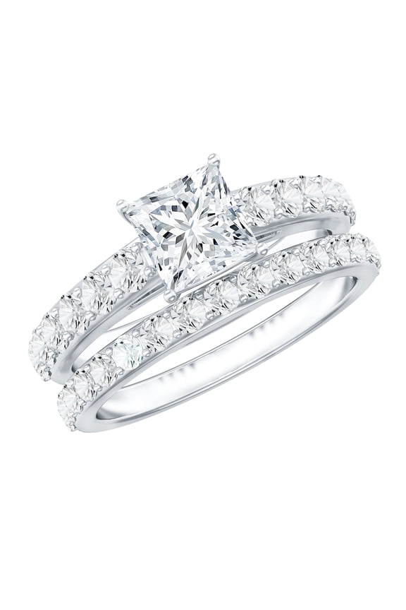- 925 Silver Moissanite Wedding Ring Set (D-VS1 Grade) - Princess Cut Engagement Ring with Band - Ready to Gift for Womens Day, US 8.50