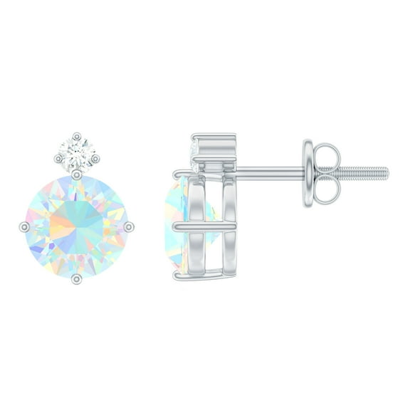 Rosec Jewels Simple Ethiopian Opal Solitaire Stud Earrings with Diamond for Women - 6 mm, 10K White Gold