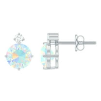 Rosec Jewels Simple Ethiopian Opal Solitaire Stud Earrings with Diamond for Women - 6 mm, 925 Sterling Silver