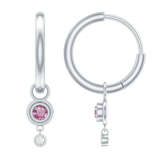 Rosec Jewels Simple Hoop Drop Earrings with Pink Sapphire and Diamond for Women - 0.25 CT, 10K White Gold