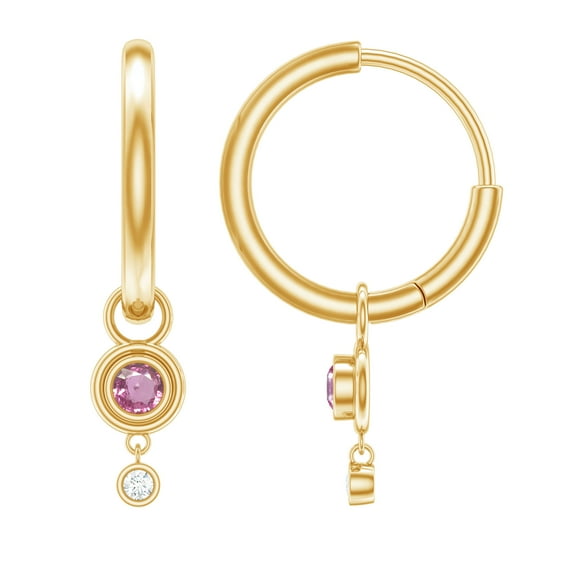 Rosec Jewels Simple Hoop Drop Earrings with Pink Sapphire and Diamond for Women - 0.25 CT, 10K Yellow Gold