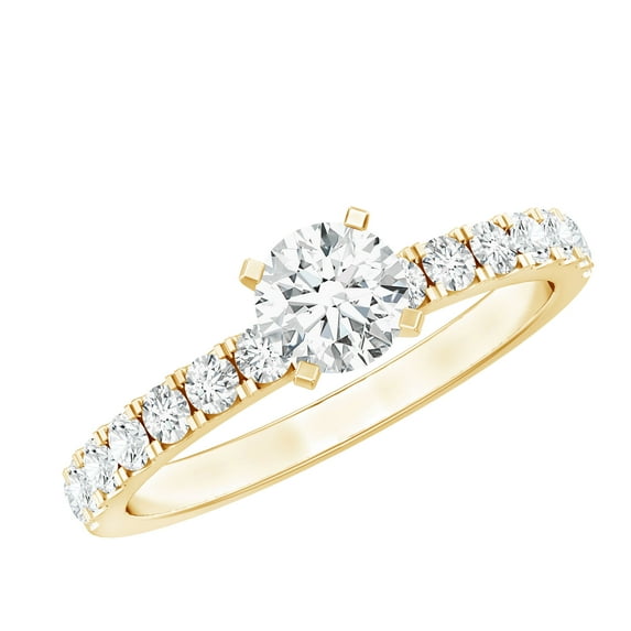 Rosec Jewels Moissanite Solitaire Engagement Ring with Side Stones - 5 mm Round - D-VS1 Quality Certified - with Jewelry Box, 14K Yellow Gold, US 3.50