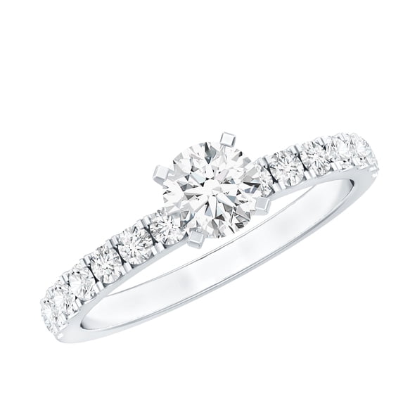 Rosec Jewels Moissanite Solitaire Engagement Ring with Side Stones - 5 mm Round - D-VS1 Quality Certified - with Jewelry Box, 18K White Gold, US 3.00