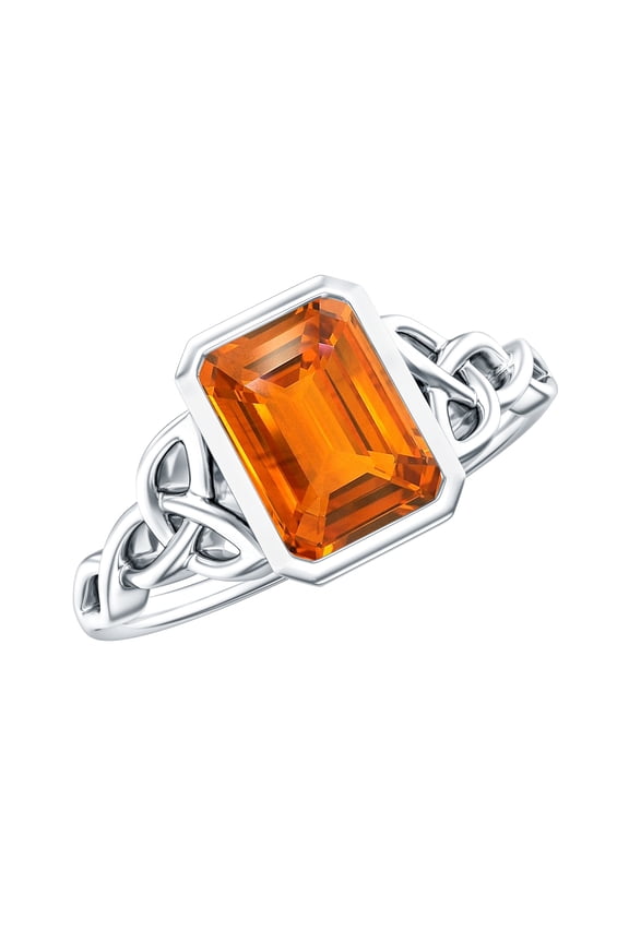 Solitaire Lab Created Orange Sapphire Celtic Knot Ring with Diamond - 1.7 Carat - AAAA Quality, 10K White Gold, US 5.00