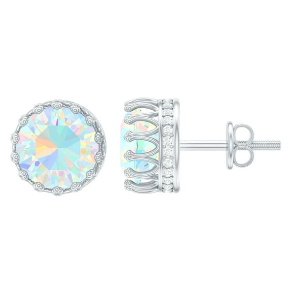Rosec Jewels Solitaire Ethiopian Opal Crown Stud Earrings with Moissanite (8 mm, AAA Grade), 10K White Gold