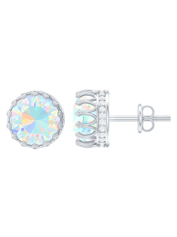 Ethiopian Opal Crown Stud Earrings (4 Carat, AAA Grade) - Rainbow Opal Diamond Earrings - Ready to Gift, 925 Sterling Silver