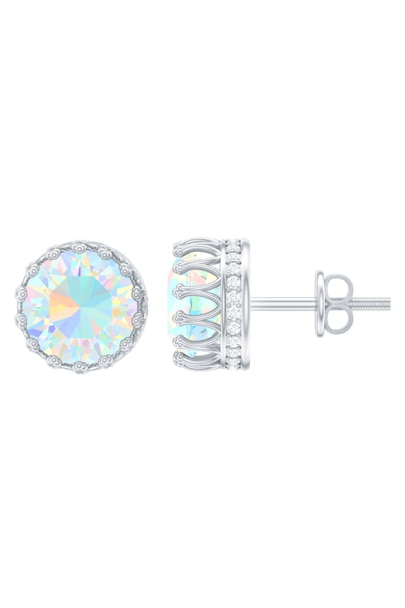 Ethiopian Opal Crown Stud Earrings (4 Carat Opal, AAA Grade) - Rainbow Opal Diamond Earrings - Ready to Gift, 925 Sterling Silver