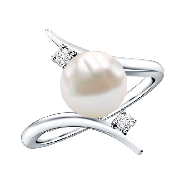 Rosec Jewels Solitaire Freshwater Pearl Engagement Ring with Bypass Shank (7.4 Carat, AAA Quality) - Real Pearl Diamond Ring, 14K White Gold, US 6.00