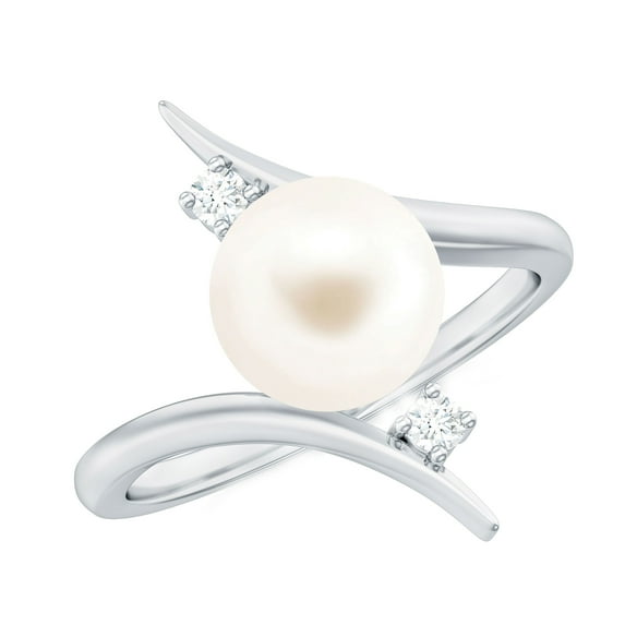 Rosec Jewels Solitaire Freshwater Pearl Ring with Diamond for Women, Bypass Ring - 8 mm, 14K White Gold, US 6.00