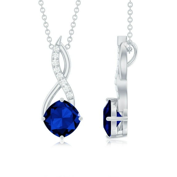 Rosec Jewels Solitaire Infinity Pendant Necklace with Lab Grown Blue Sapphire and Moissanite, 925 Sterling Silver