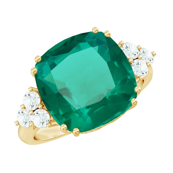 Rosec Jewels Lab Grown Emerald Statement Engagement Ring (12mm Cushion Cut, AAAA Grade) - Emerald Diamond Ring - with Jewelry Box, 14K Yellow Gold, US 3.50