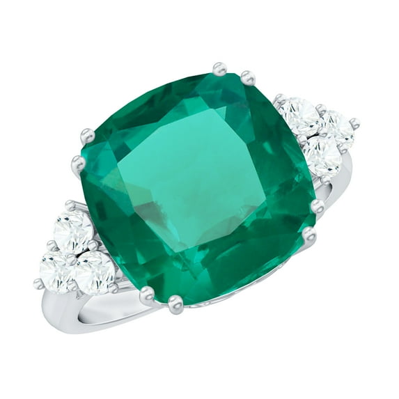 Rosec Jewels Lab Grown Emerald Statement Engagement Ring (12mm Cushion Cut, AAAA Grade) - Emerald Diamond Ring - with Jewelry Box, 925 Sterling Silver, US 9.50