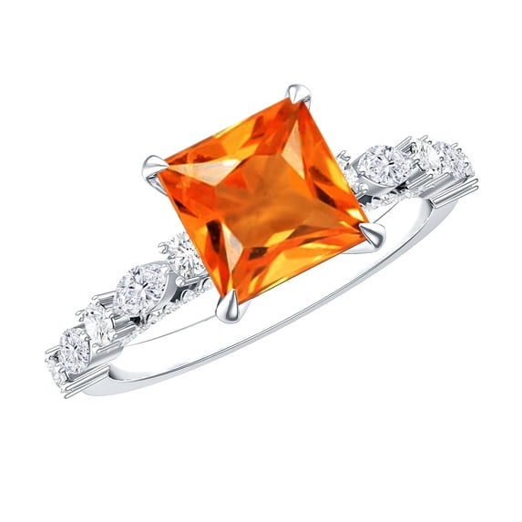 Solitaire Lab Grown Orange Sapphire Ring with Moissanite - 2 Carat Princess Cut Sapphire Ring, 10K White Gold, US 13.00