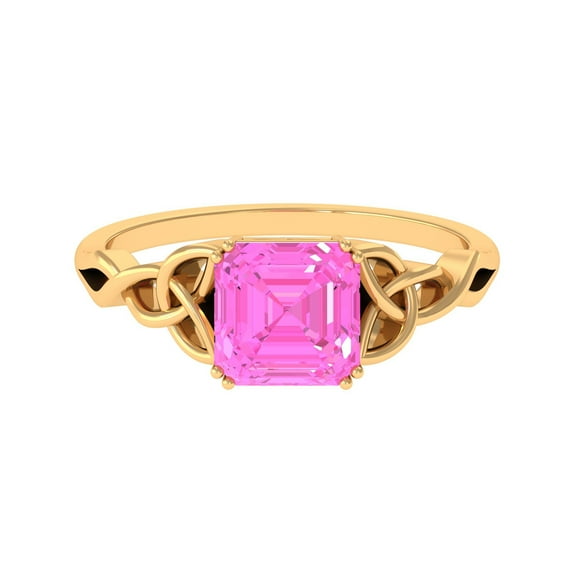 Rosec Jewels Solitaire Lab Grown Pink Sapphire Celtic Ring - 8 mm Asscher Cut - AAAA Grade, 18K Yellow Gold, US 10.00