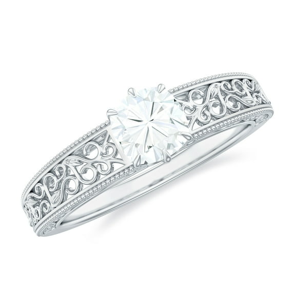 Rosec Jewels Certified Moissanite Engagement Ring 1 Ct - Filigree Ring (6 mm Cushion Cut, D-VS1 Quality), 18K White Gold, US 10.50