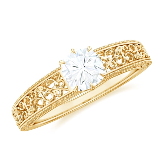 Rosec Jewels Certified Moissanite Engagement Ring 1 Ct - Filigree Ring (6 mm Cushion Cut, D-VS1 Quality), 18K Yellow Gold, US 12.50