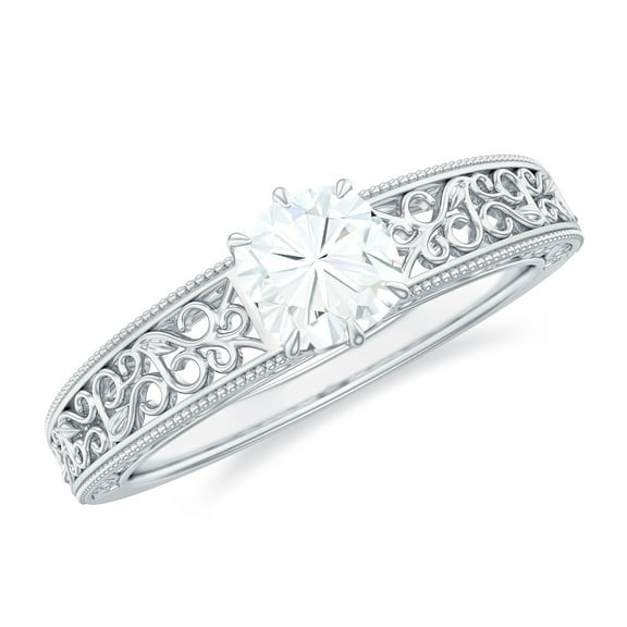 Rosec Jewels Certified Moissanite Engagement Ring 1 Ct - Filigree Ring (6 mm Cushion Cut, D-VS1 Quality), 925 Sterling Silver, US 4.00