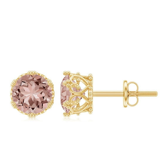Rosec Jewels Solitaire Morganite Stud Earrings for Women in Crown Setting (6 mm, 1.50 CT), 18K Yellow Gold