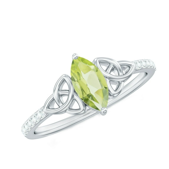 Rosec Jewels Solitaire Peridot Celtic Knot Ring with Diamond (4X8 mm, AAA Quality), 18K White Gold, US 10.00