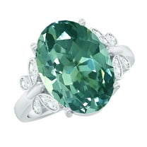 Rosec Jewels Solitaire Sapphire Ring with Diamond (10X14 mm Oval Cut Created Green Sapphire), 925 Sterling Silver, US 4.00