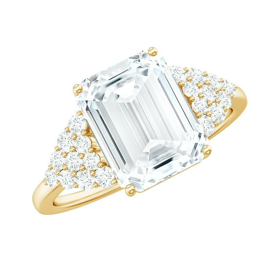 Rosec Jewels Certified Moissanite Emerald Cut Engagement Ring 2 Carat - Statement Ring (7X9 mm, D-VS1 Quality), 10K Yellow Gold, US 13.00