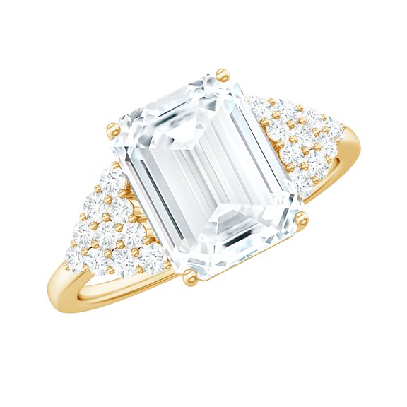 Rosec Jewels Certified Moissanite Emerald Cut Engagement Ring 2 Carat - Statement Ring (7X9 mm, D-VS1 Quality), 10K Yellow Gold, US 4.00