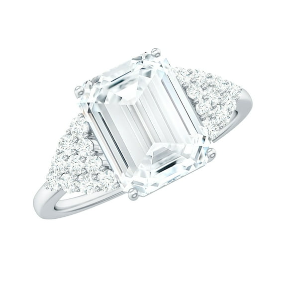 Rosec Jewels Certified Moissanite Emerald Cut Engagement Ring 2 Carat - Statement Ring (7X9 mm, D-VS1 Quality), 18K White Gold, US 12.50