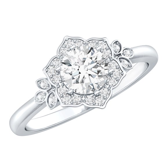 Rosec Jewels Statement Flower Lab Created Diamond Engagement Ring for Women - EF-VS Quality, 14K White Gold, US 11.00