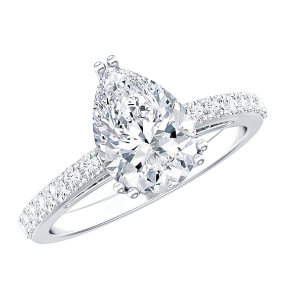 Rosec Jewels Statement Teardrop Moissanite Engagement Ring with Side Stones - 2 Ct - 7x10 mm, 14K White Gold, US 13.00