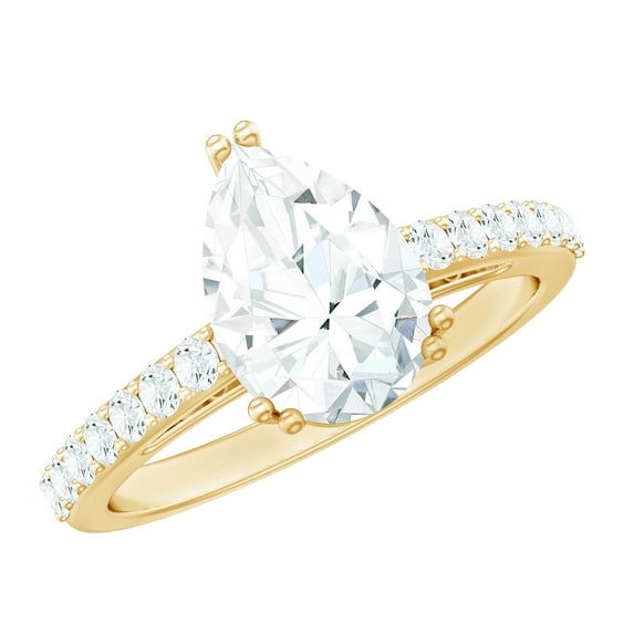 Rosec Jewels Statement Teardrop Moissanite Engagement Ring with Side Stones - 2 Ct - 7x10 mm, 14K Yellow Gold, US 10.00