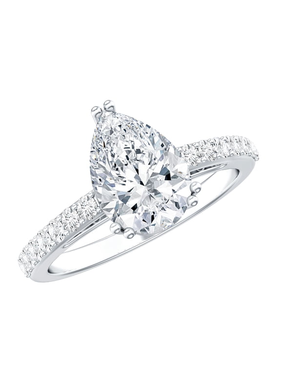 Certified Moissanite Pear Shaped Engagement Ring with Side Stones - 2 Carat - D-VS1 Quality - Moissanite Solitaire Ring for Women, 925 Sterling Silver, US 12.00
