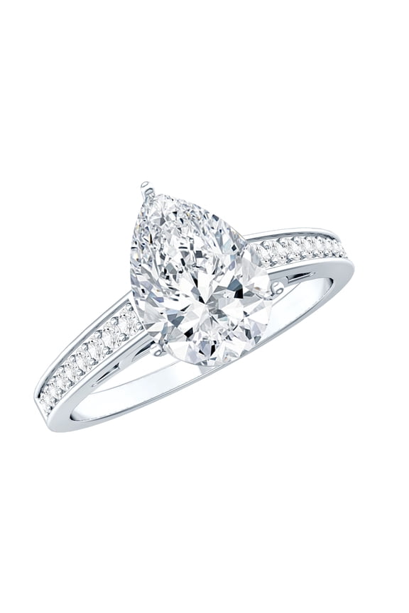 Pear Shaped Moissanite Engagement Rings 2 Carat - 7x10 mm - D-VS1 Quality, 925 Sterling Silver, US 7.00
