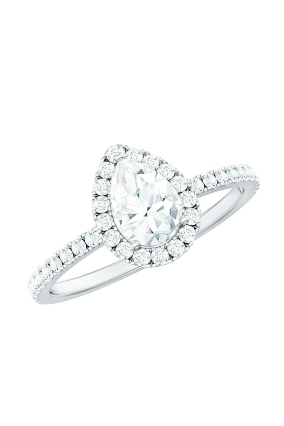 Sterling Silver Moissanite Ring for Women (D-VS1 Quality) - Classic Teardrop Shaped Engagement Ring with Halo, US 8.50