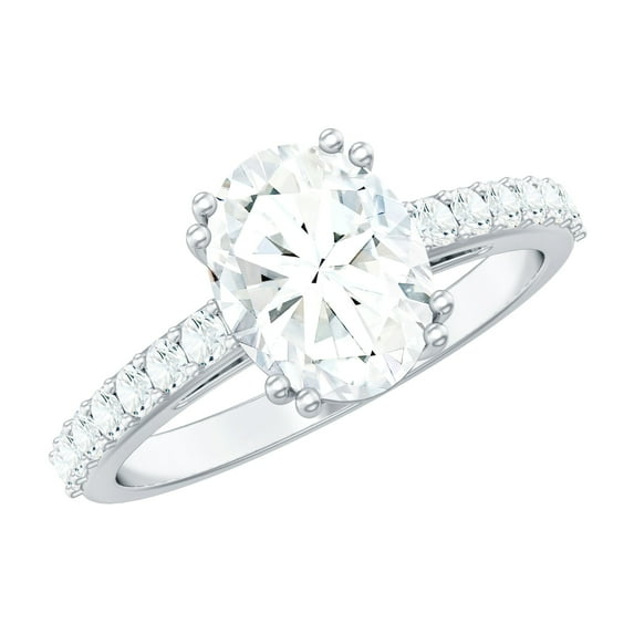 Rosec Jewels Sterling Silver Oval Moissanite Ring (7x9 mm, D-VS1 Quality) - 2 Carat Engagement Ring with Side Stones, US 7.00