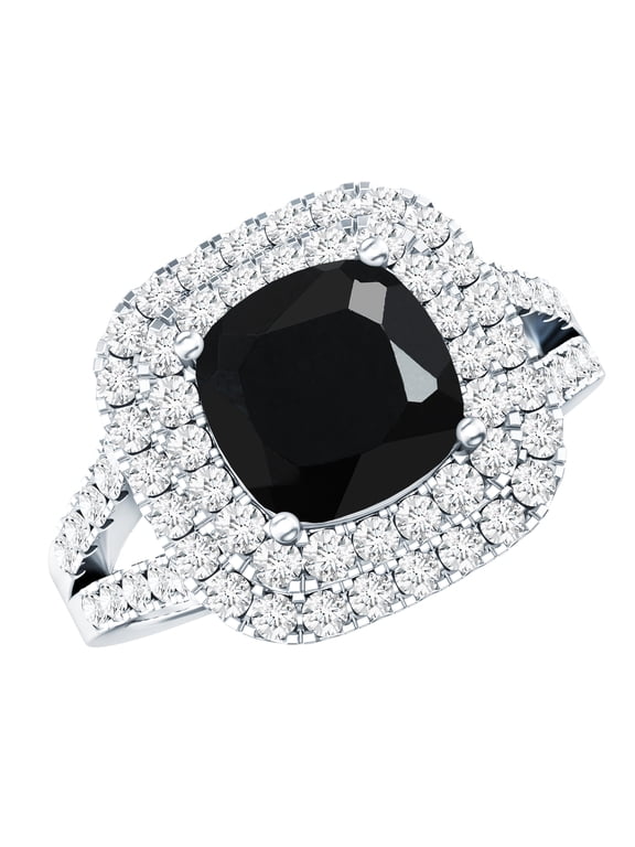Black Onyx Diamond Engagement Ring in Silver - AAA Quality Onyx Double Halo Ring for Women - with Jewelry Box, US 8.00