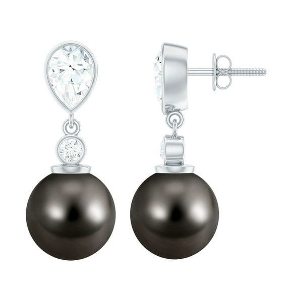 Rosec Jewels Tahitian Pearl Drop Earrings with Moissanite for Women - 5X7 mm - AAA Grade, 10K White Gold