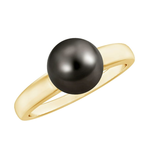 Rosec Jewels Real Tahitian Black Pearl Engagement Ring 8 Carat - Pearl Solitaire Ring (8 mm, AAA Quality, With Jewelry Box), 10K Yellow Gold, US 8.50