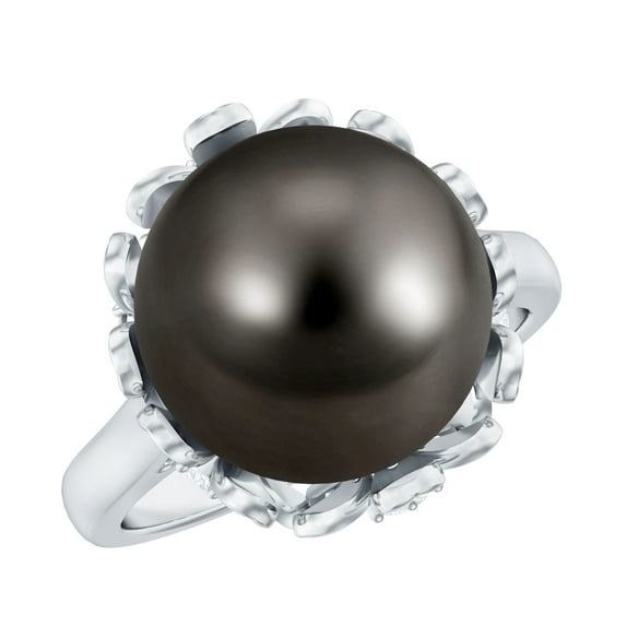 Rosec Jewels Real Tahitian Black Pearl Engagement Ring with Diamond - Pearl Flower Ring - 10 mm - AAA Quality - with Jewelry Box, 10K White Gold, US 4.50
