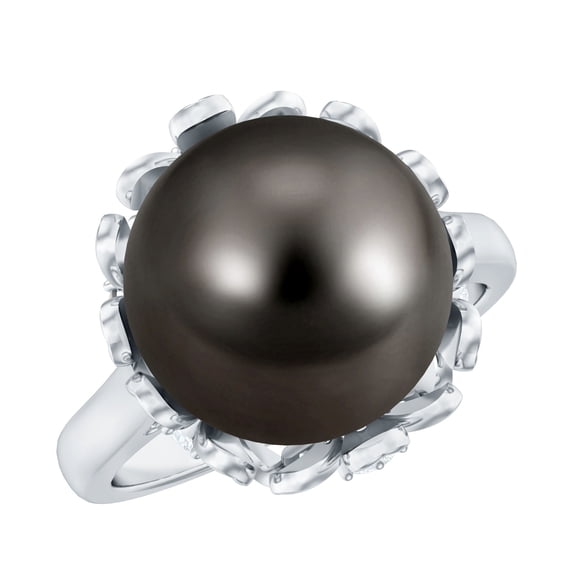 Rosec Jewels Real Tahitian Black Pearl Engagement Ring with Diamond - Pearl Flower Ring - 8 Ct - AAA Quality - with Jewelry Box, 10K White Gold, US 7.50