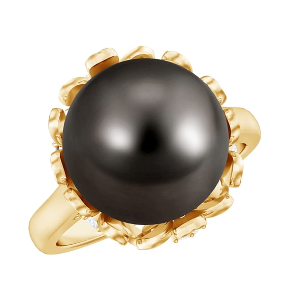 Rosec Jewels Real Tahitian Black Pearl Engagement Ring with Diamond - Pearl Flower Ring - 10 mm - AAA Quality - with Jewelry Box, 10K Yellow Gold, US 6.00