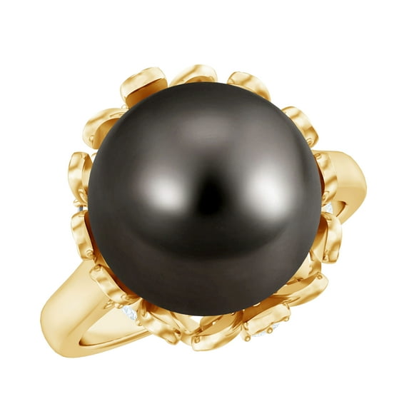 Rosec Jewels Real Tahitian Black Pearl Engagement Ring with Diamond - Pearl Flower Ring - 10 mm - AAA Quality - With Jewelry Box, 18K Yellow Gold, US 10.50