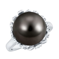 Rosec Jewels Real Tahitian Black Pearl Engagement Ring with Diamond - Pearl Flower Ring - 10 mm - AAA Quality - With Jewelry Box, 925 Sterling Silver, US 4.00