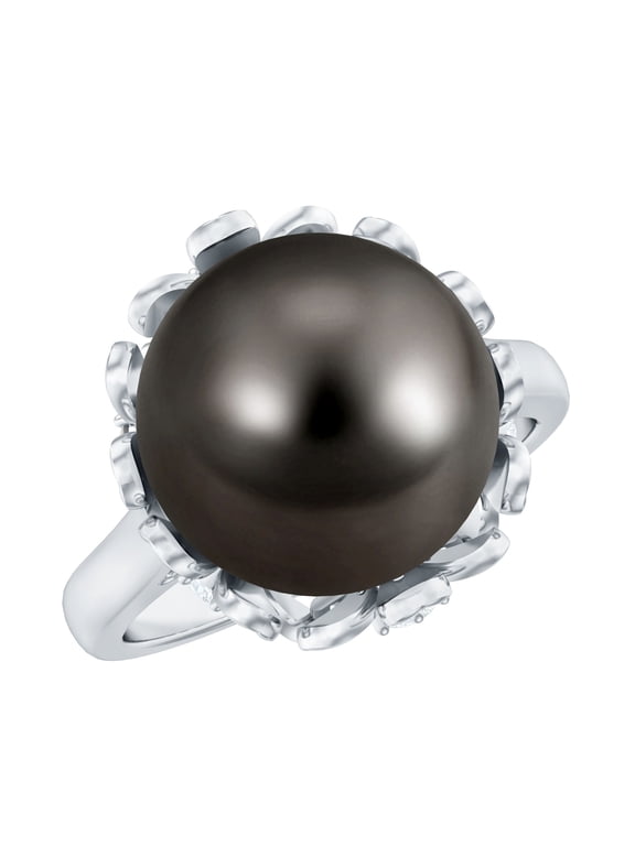 Real Tahitian Black Pearl Engagement Ring with Diamond - Pearl Flower Ring - 8 Ct - AAA Quality - with Jewelry Box, 925 Sterling Silver, US 4.00