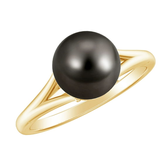 Rosec Jewels Tahitian Pearl Solitaire Engagement Ring with Diamond - 8 Carat - Black Pearl Ring - AAA Quality - With Jewelry Box, 10K Yellow Gold, US 4.00