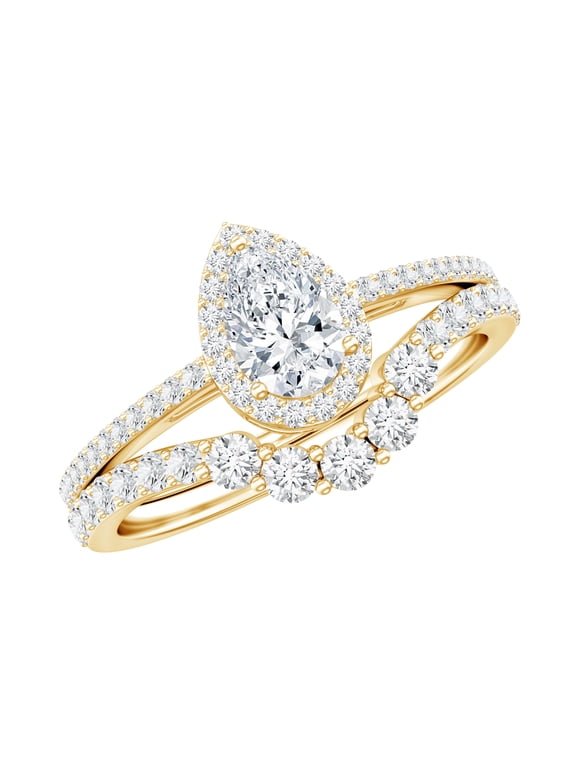 Moissanite Pear Shaped Wedding Ring Set in Silver (D-VS1 Grade Certified) Moissanite Ring with Wedding Band for Women, US 8.50