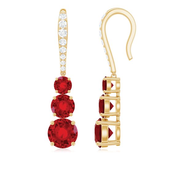 Rosec Jewels Lab Grown Ruby Drop Earrings for Women - AAAA Quality - 3 Stone Ruby Earrings with Moissanite - Ready to Gift, 10K Yellow Gold