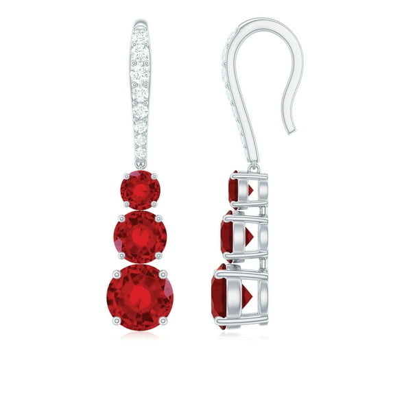Rosec Jewels Three Stone Drop Earrings for Women, Created Ruby Moissanite Earrings - AAAA Grade, 925 Sterling Silver