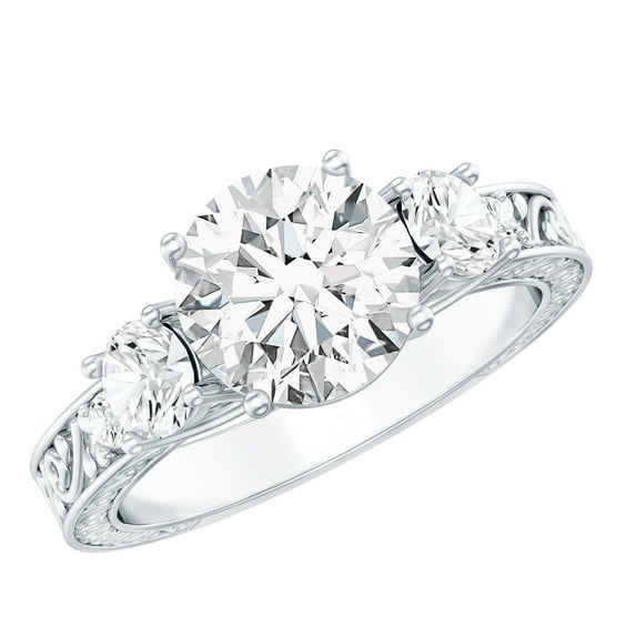 Rosec Jewels Three Stone Ring for Women - Certified Moissanite Engagement Ring (D-VS1 Grade), 925 Sterling Silver, US 7.50