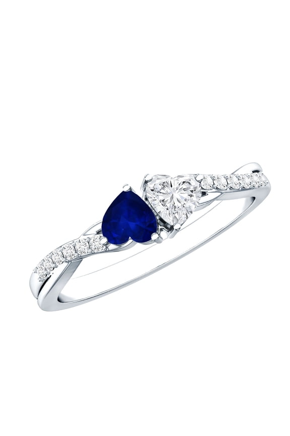 Toi Et Moi Promise Ring with Lab Diamond and Sapphire - Ready to Gift for Valentines Day, 14K White Gold, US 7.00